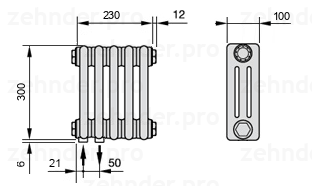 Схема (чертеж) Радиатор Zehnder Charleston 3030/5 №3370 Белый глянцевый RAL 9016